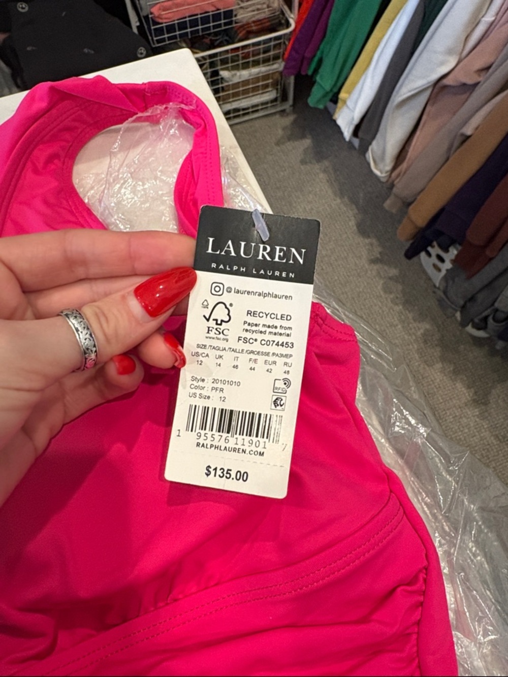 Ralph Lauren Bright Pink Ruffle V-Neck One-Piece - Picture 2 of 3
